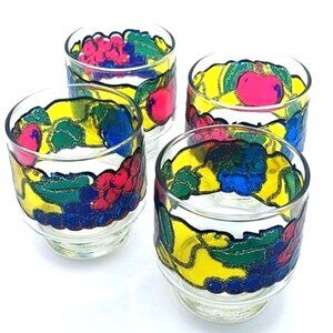 Vintage Libbey Stained Glass Fruit Frosted Stackable Rock Tumblers Set Of 4